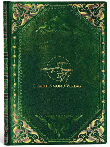 Das Produktbild zeigt das Paperblank. Mittig ist das Drachenmond Verlagslogo - ein fliegender Drache vor Vollmond, darunter der Verlagsname - auf grünem Hintergrund abgebildet. Den Rand ziert ein goldener Schmuckrahmen.